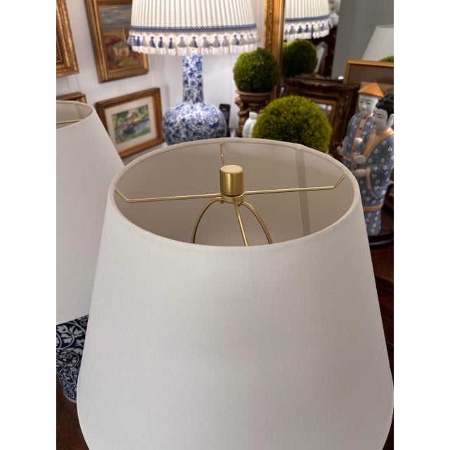 Contemporary Contemporary Blue and White Ikat Pattern Ralph Lauren Over-Sized Jar Lamps With White Linen Shades, a Pair For Sale - Image 3 of 8
