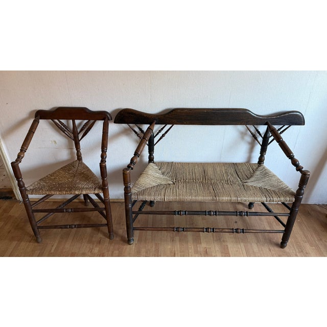 Vintage Dutch Wicker Wooden Armchair and Sofa, 1920s, Set of 2 For Sale - Image 17 of 17