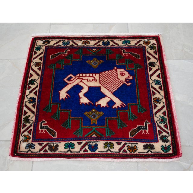 Mid-Century Modern 1970s Hand-Knotted Small Rug, Lion Motif Wellcome Mat Entry Decor - 26" X 24" For Sale - Image 3 of 9