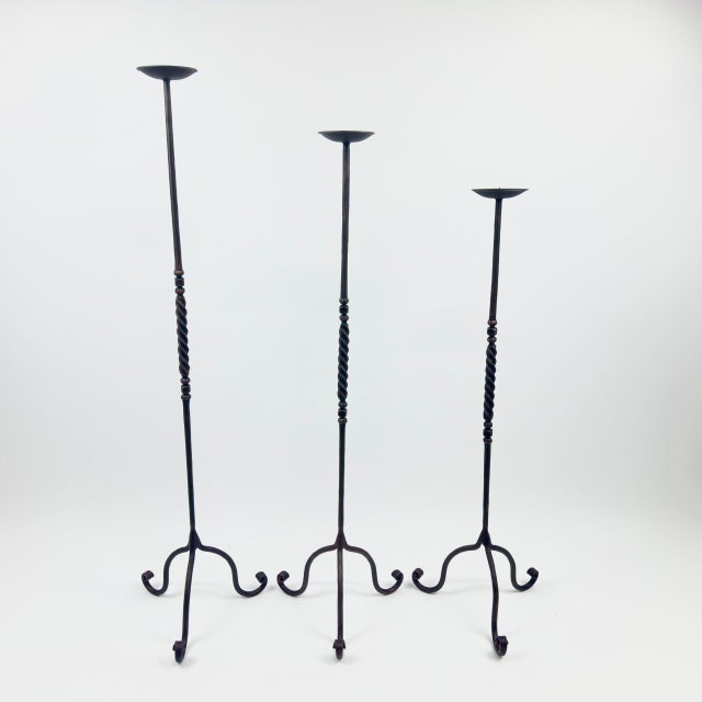 Hand Forged Iron Candelabra Set of 3 (93-113cm) Antique Copper Finish Barley Twist Stem with Wide Scroll Base For Sale - Image 6 of 6
