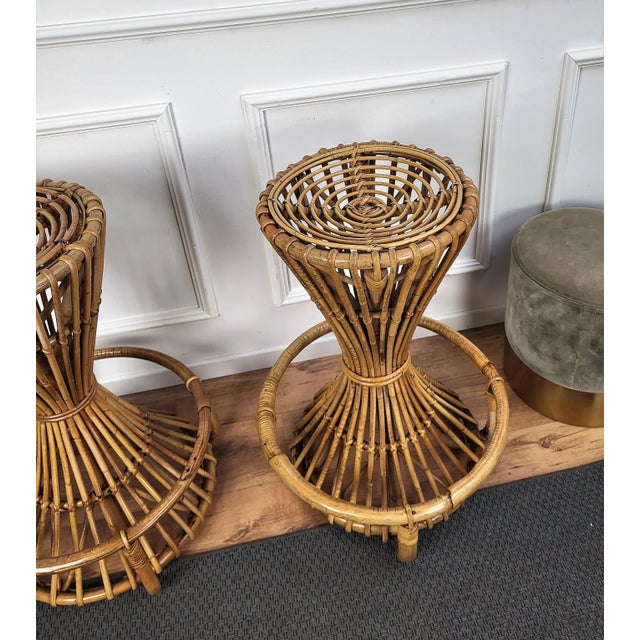 Set of Italian Round Bar Stools in Bamboo, 1960s For Sale - Image 4 of 8