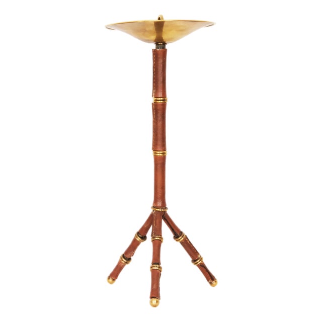 Round Smoking Table in Brown Leather and Gilt Metal attributed to Jacques Adnet, 20th Century For Sale