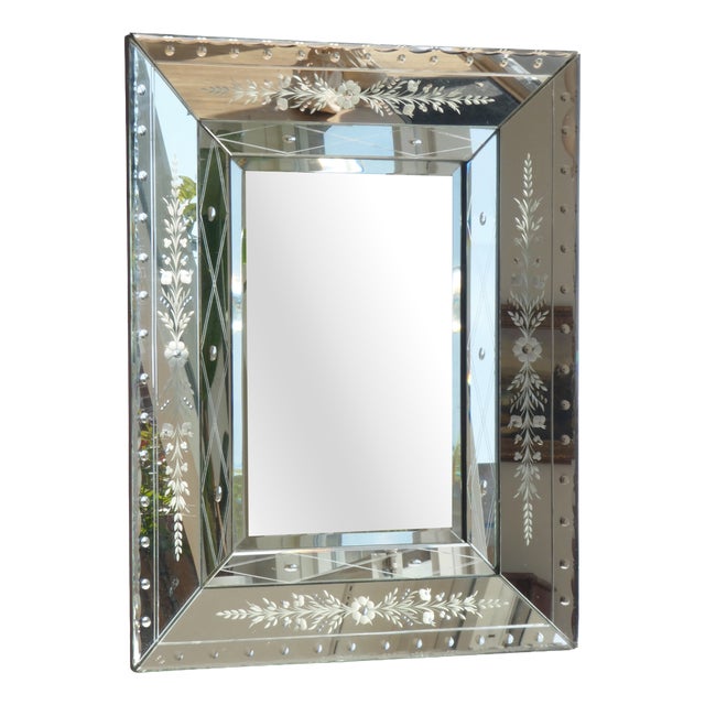 Large Vintage Venetian Rectangular Ornate Wall Mirror with Beveled Glass, Italy, 1920s For Sale