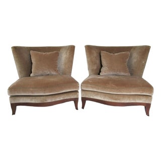 C2000 Donghia "Geneva" Collection Walnut Framed Club Chairs With Donghia Linen Velvet Textile -Pair For Sale