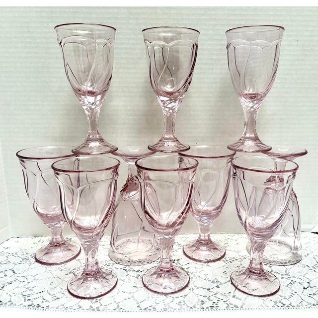 Vintage Pink Wavy Glass Stemware Goblets, Set of Ten For Sale - Image 10 of 10