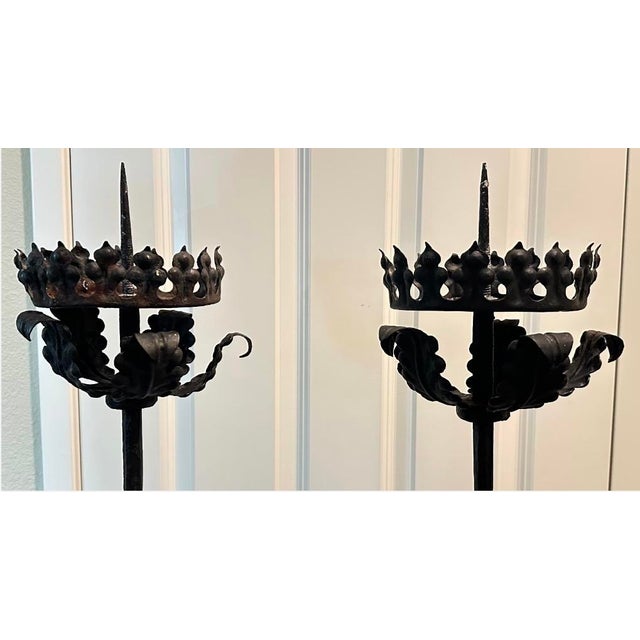 Mid 20th Century Spanish Forged Iron Floor Candlesticks, Torchieres 5 Ft Tall - Pair For Sale - Image 11 of 16