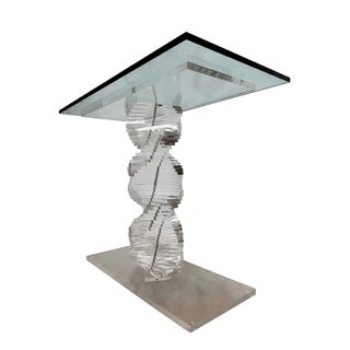 Lucite Helix Console Table With Custom Glass Top, Post Modern 1980s Handmade For Sale