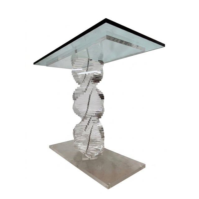 Lucite Helix Console Table With Custom Glass Top, Post Modern 1980s Handmade For Sale