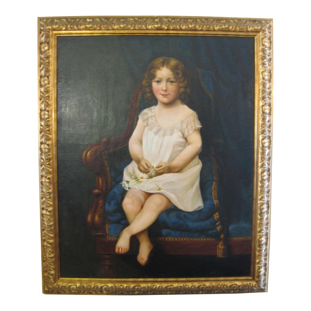 Antique Portrait of Young Girl With Daisies Painting For Sale