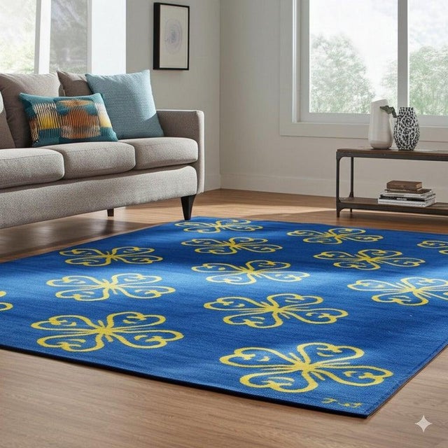 Textile 6x8 Blue Handwoven Wool Stylized Clover Motif Geometric Modern Carpet Rug For Sale - Image 7 of 7