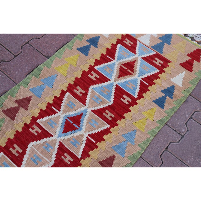 1960s Southwestern Style Hand Knotted Geometric Design Oushak Kilim Runner Rug For Sale - Image 4 of 11