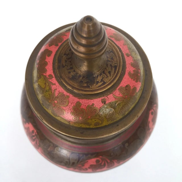 Mid 20th Century Vintage Mid Century India Brass Incised Multicolor Enamel Incense Urn Lidded Jar For Sale - Image 5 of 13