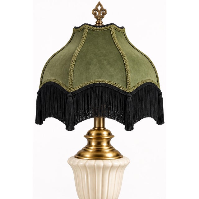 Hollywood Regency Vintage Neoclassical Cream Urn Lamps With Olive Velvet Fringe Shades - Pair For Sale - Image 3 of 12