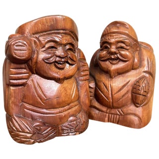 Shōwa Period Wooden Ebisu and Daikoku Gods, Kisoji, Japan, 1980s, Set of 2 For Sale