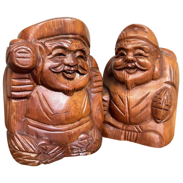 Shōwa Period Wooden Ebisu and Daikoku Gods, Kisoji, Japan, 1980s, Set of 2 For Sale