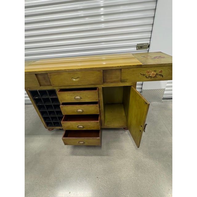 Mackenzie Childs Vintage Solid Wood Hand Painted Wine Bar Cabinet Freestanding Counter Kitchen Island For Sale - Image 4 of 10
