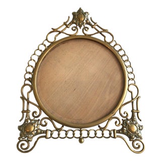 1900's English Scrolled Brass Circular Picture Frame With Medallion Accents For Sale