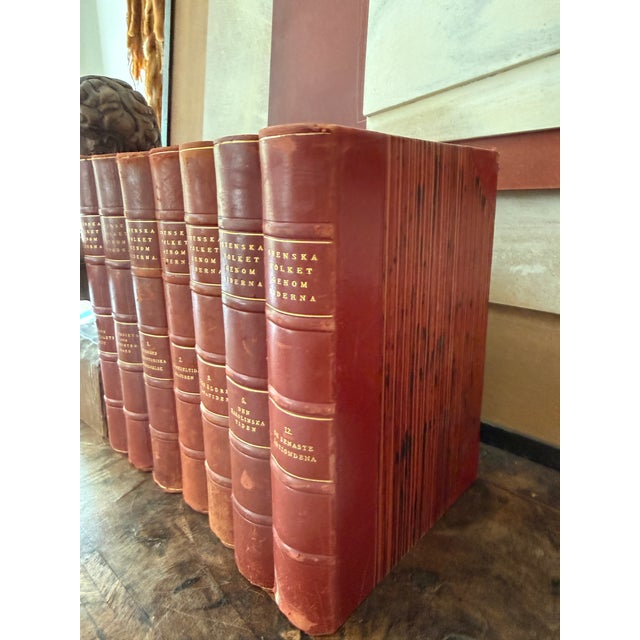 1950s Set of Seven (7) Swedish Leather Books Svenska Folket Genom Tiderna Decorative Stack For Sale - Image 5 of 12