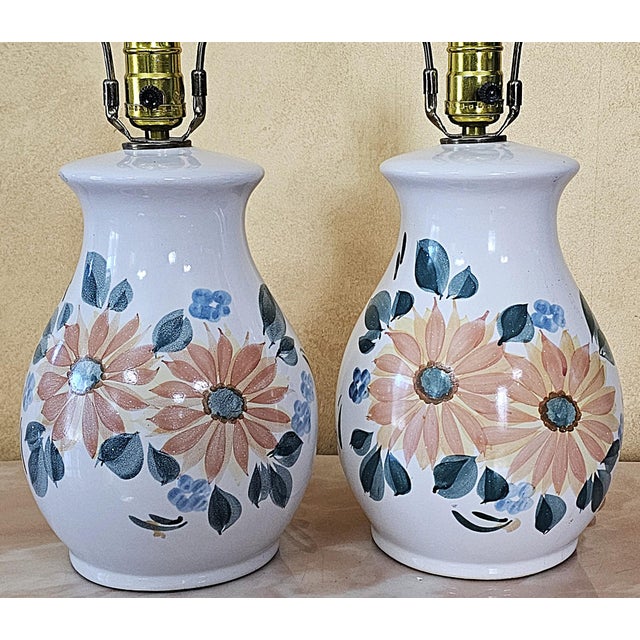 Contemporary Hand‑Painted Floral Ceramic Lamps W/ Faux Leather Shades – Pair For Sale - Image 13 of 18