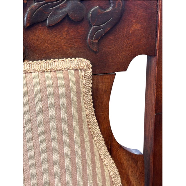 Textile Antique Victorian Carved Wood Armchair With Striped Silk Upholstery For Sale - Image 7 of 10