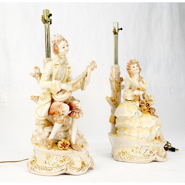 28"h Porcelain Ceramic Figural Table Lamps Man Woman Playing Guitar For Sale - Image 12 of 13