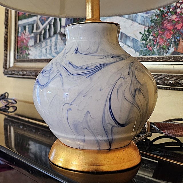 Pair of Jonathan Y Holly Marbleized Ceramic Table Lamps in Blue & White For Sale - Image 11 of 18