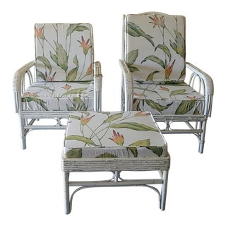 1950s Vintage Rattan Lounge Chairs and Ottoman - Set of 3 For Sale