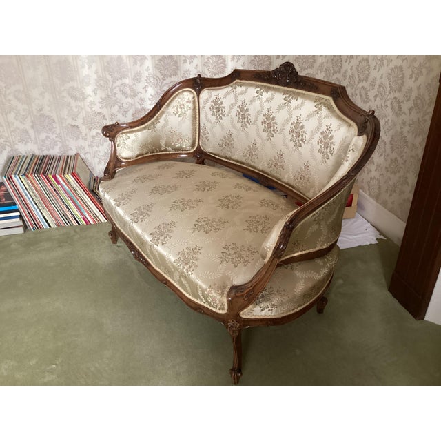 Wood Elegant French Settee W/ Silk Brocade For Sale - Image 7 of 10