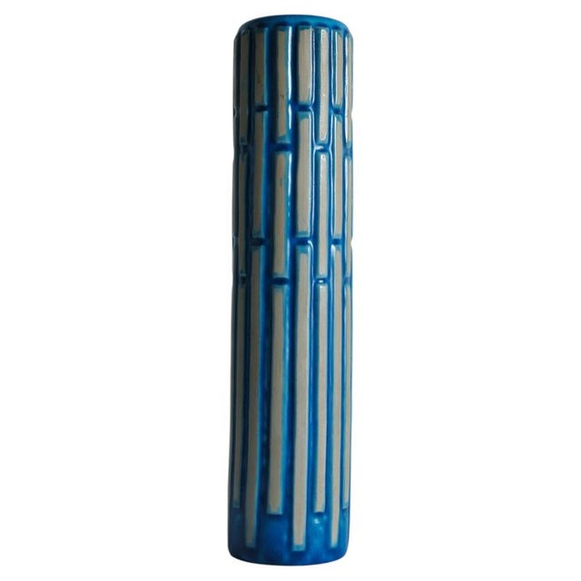 Tall Slender Blue Ceramic Cylinder Vase by Carl-Harry Stålhane for Rörstrand, 1960s For Sale - Image 3 of 18