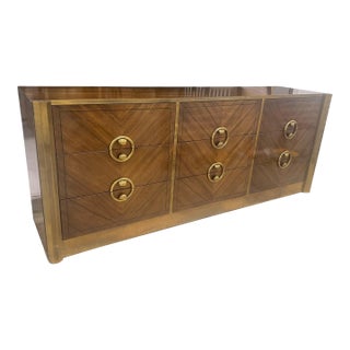 1970s Mastercraft Brass & Walnut 9-Drawer Dresser / Credenza For Sale