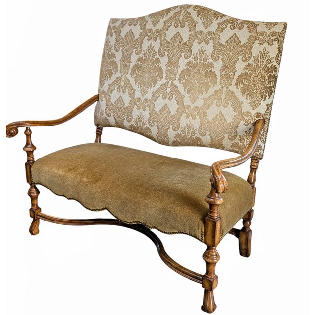 1960s Custom Designed Neoclassical Style Vintage Bench/Loveseat With Carved Wooden Arms, Velour Camel Color Seat & Gold Damask Upholstery For Sale In New York - Image 6 of 8