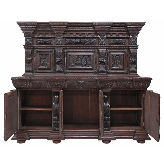 Gothic 1900's Antique Monumental, English Gothic, Elizabethan Revival, Carved Oak Sideboard!! For Sale - Image 3 of 9
