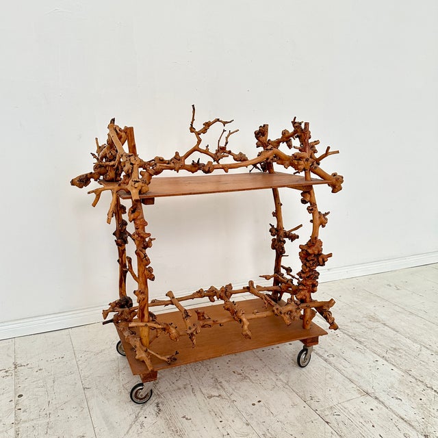 Wood Mid-Century Bar Cart in Brown Burl, Plywood and Root Wood, 1960s For Sale - Image 7 of 14