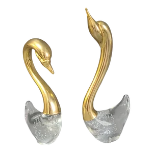 Vintage Pair Attributed Murano Sorento Art-Glass Gilded Gold Neck Graceful Swans