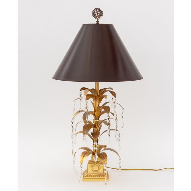 Neoclassical Style Gilt Metal Palm Tree Table Lamp, with cut-glass drop prisms on square base with brown vinyl shade....
