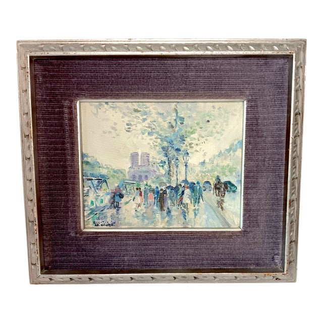 VTG Street Scene #1 Impressonist Painting Purple Velvet Matt Silver Frame 1978 For Sale