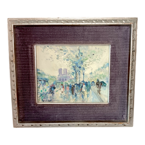 VTG Street Scene #1 Impressonist Painting Purple Velvet Matt Silver Frame 1978