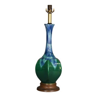 1960s Mid-Century Modern Blue & Green Teardrop Shape Drip Glaze Ceramic Table Lamp For Sale