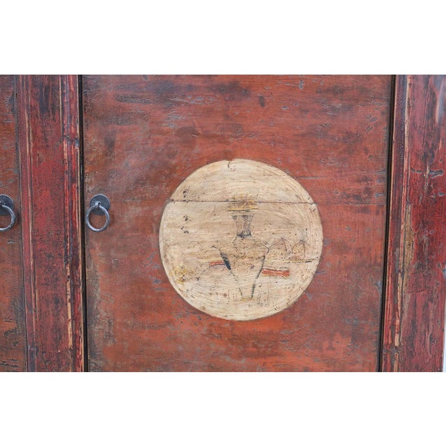 Antique Chinese Painted Rice Cabinet, in a rich red/orange and black paint finish, with botanical painting top the plinth,...