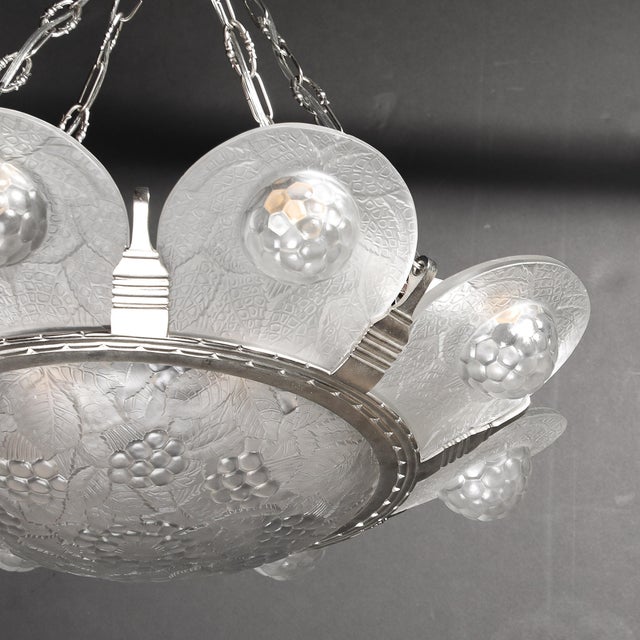 1930s Art Deco Frosted Glass Chandelier With Stylized Cubist Floral Motif For Sale - Image 17 of 18