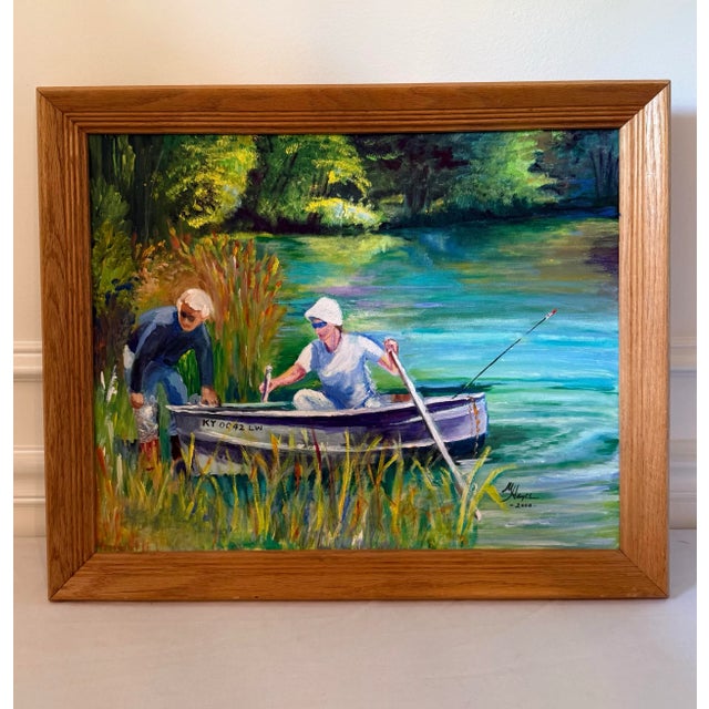“Marilyn & Mark Fishing” Original Oil Painting by Mellye Hayes, 2000 - Framed Lakeside Scene For Sale In Nashville - Image 6 of 6