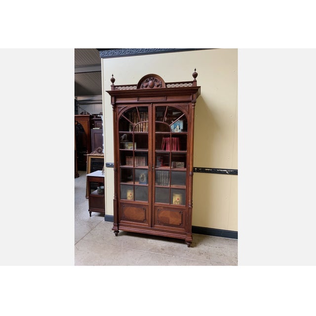 Brown Antique Art Nouveau Walnut Display Column Bookcase, 1910s For Sale - Image 8 of 10