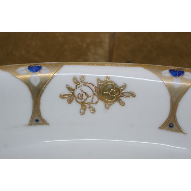 Antique Noritake Art Deco Blue & Gold Roses Oval Serving Dish Compote 8" For Sale - Image 11 of 13
