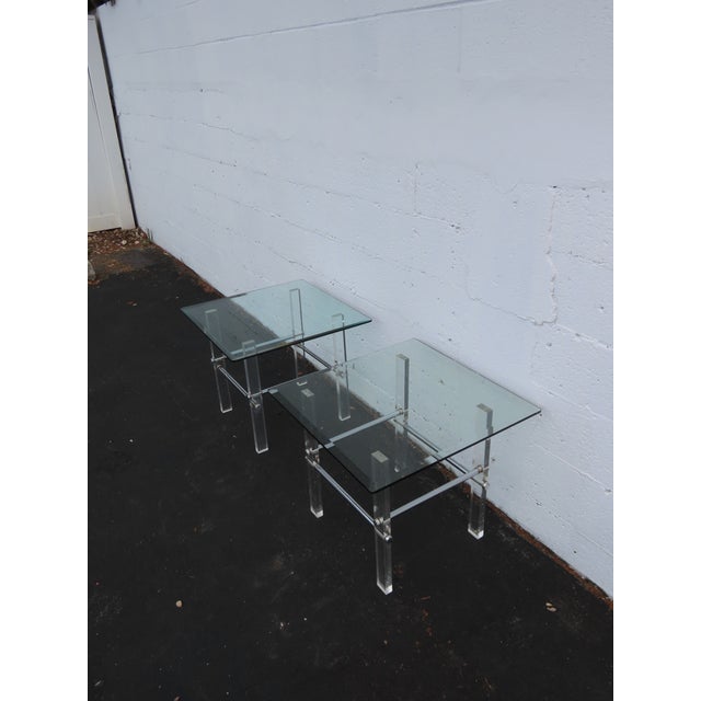 Hollywood Regency Lucite Acrylic Glass Top Pair of Side Tables 6592 For Sale - Image 15 of 18