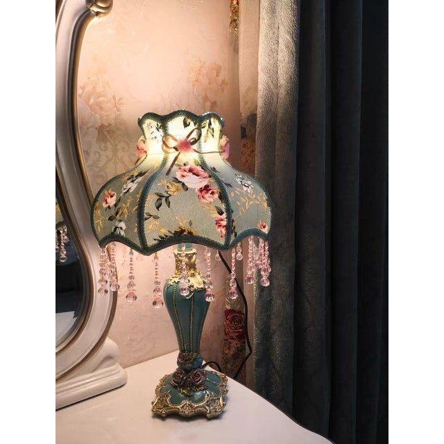 Art Deco Girly Pink-Green Floral Fabric Table Lamp For Sale - Image 3 of 8