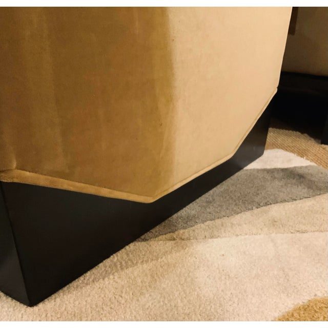 Stylish Caracole Modern Camel Velvet Club Chair, warm dark wood base, very comfortable, showroom floor sample