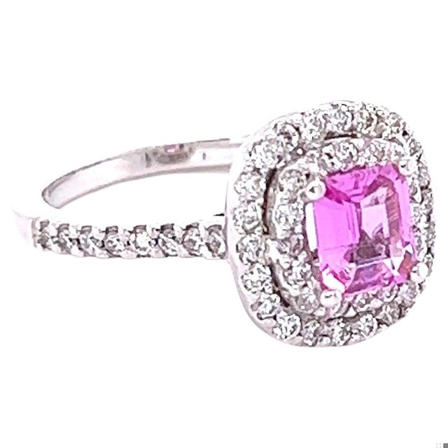 GIA Certified 1.28 Natural Pink Sapphire Diamond White Gold Engagement Ring This beautiful ring has a Natural Emerald Cut...
