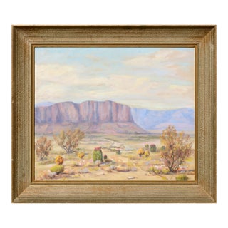 Mid Century Desert Mesa Landscape With Cacti in Oil on Canvas by Vina McPheeters For Sale