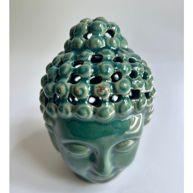 Vintage Pierced Glossy Green Glazed Ceramic Buddha Head For Sale - Image 9 of 16