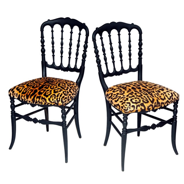A Charming Pair of Antique; Napoleon lll French Charivari Chairs. Restored Matte Black Ebonized Wood frame and Newly...